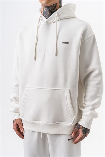 Erkek Respire Yazı Detaylı Kapüşonlu Basic Oversize Hoodie Ekru