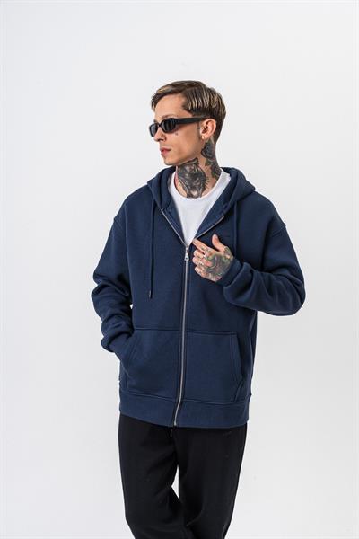 Erkek Respire Yazı Detaylı Kapüşonlu Basic Zip Oversize Hoodie Lacivert