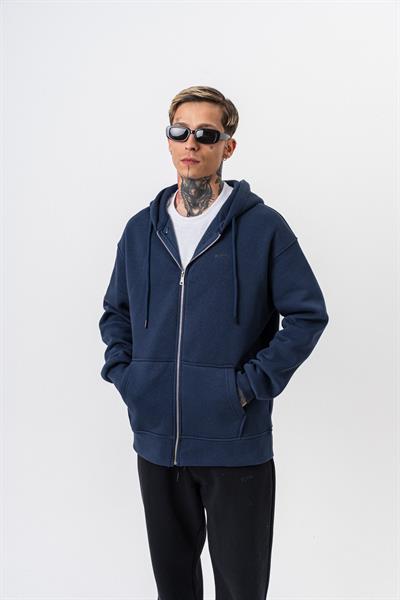 Erkek Respire Yazı Detaylı Kapüşonlu Basic Zip Oversize Hoodie Lacivert