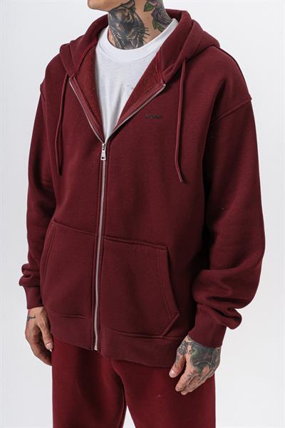 Erkek Respire Yazı Detaylı Kapüşonlu Basic Zip Oversize Hoodie Bordo