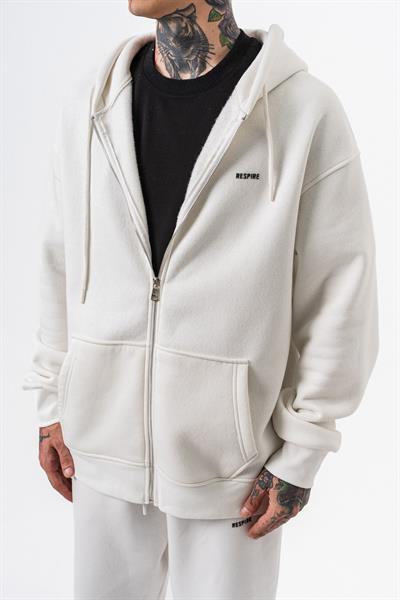 Erkek Respire Yazı Detaylı Kapüşonlu Basic Zip Oversize Hoodie Ekru