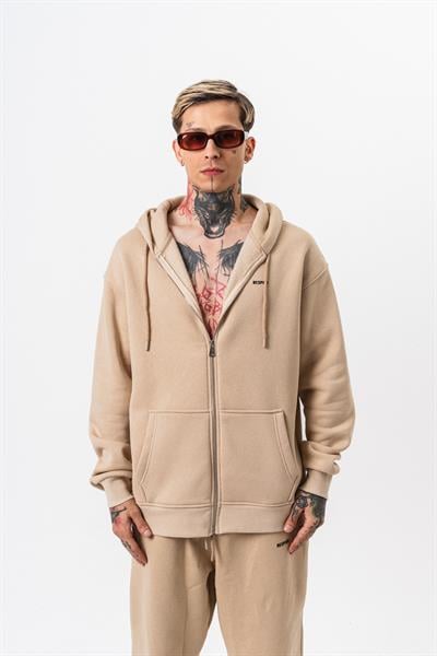 Erkek Respire Yazı Detaylı Kapüşonlu Basic Zip Oversize Hoodie Bej