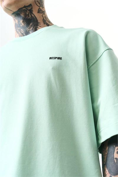 Erkek Respire Yazı Detaylı Oversize T-Shirt Su Yeşili
