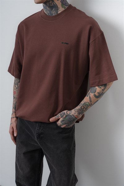 Erkek Respire Yazı Detaylı Oversize T-Shirt Kakao