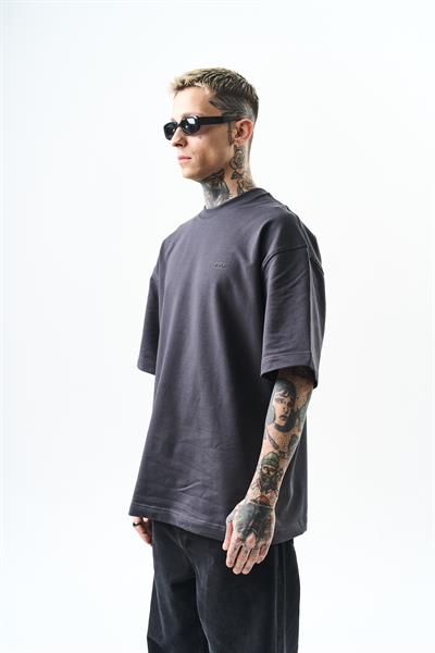 Erkek Respire Yazı Detaylı Oversize T-Shirt Füme