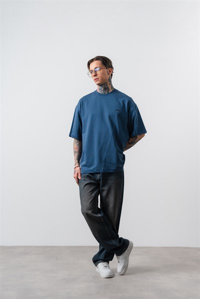Erkek Respire Yazı Detaylı Oversize T-Shirt Lacivert