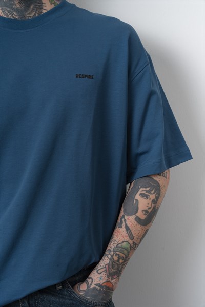Erkek Respire Yazı Detaylı Oversize T-Shirt Lacivert