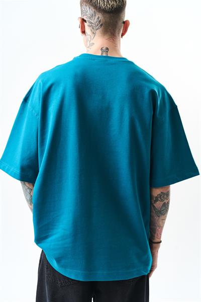 Erkek Respire Yazı Detaylı Oversize T-Shirt Petrol