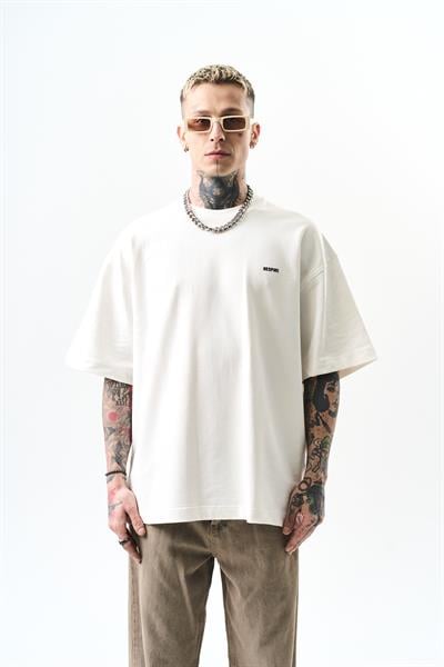 Erkek Respire Yazı Detaylı Oversize T-Shirt Ekru