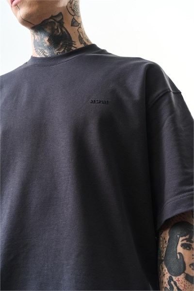 Erkek Respire Yazı Detaylı Oversize T-Shirt Füme