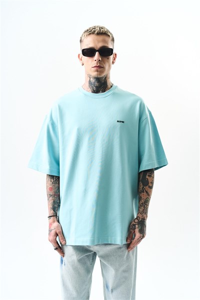 Erkek Respire Yazı Detaylı Oversize T-Shirt Bebe Mavi