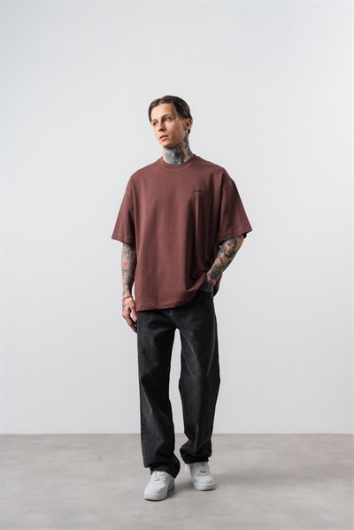 Erkek Respire Yazı Detaylı Oversize T-Shirt Kakao