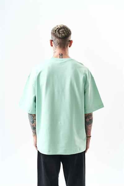 Erkek Respire Yazı Detaylı Oversize T-Shirt Su Yeşili
