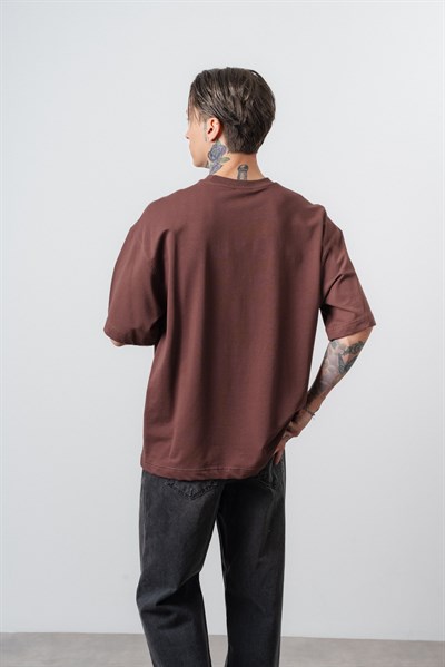 Erkek Respire Yazı Detaylı Oversize T-Shirt Kakao