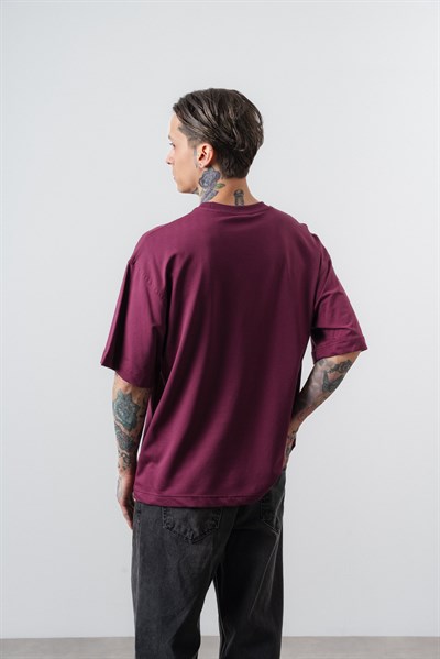 Erkek Respire Yazı Detaylı Oversize T-Shirt Vişne