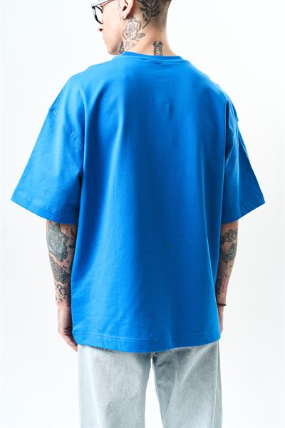 Erkek Respire Yazı Detaylı Oversize T-Shirt Mavi