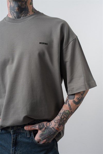 Erkek Respire Yazı Detaylı Oversize T-Shirt Haki