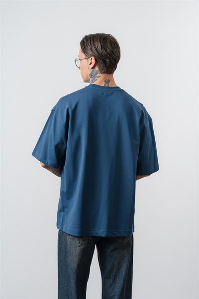 Erkek Respire Yazı Detaylı Oversize T-Shirt Lacivert