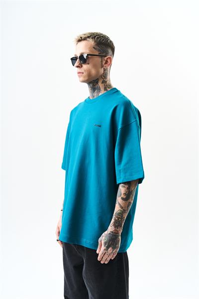 Erkek Respire Yazı Detaylı Oversize T-Shirt Petrol