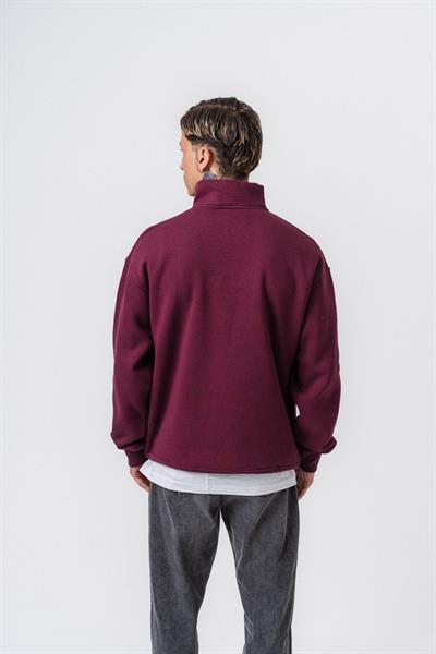 Erkek Respire Yazı Detaylı Yarım Fermuarlı Basic Sweatshirt Vişne
