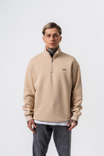 Erkek Respire Yazı Detaylı Yarım Fermuarlı Basic Sweatshirt Bej