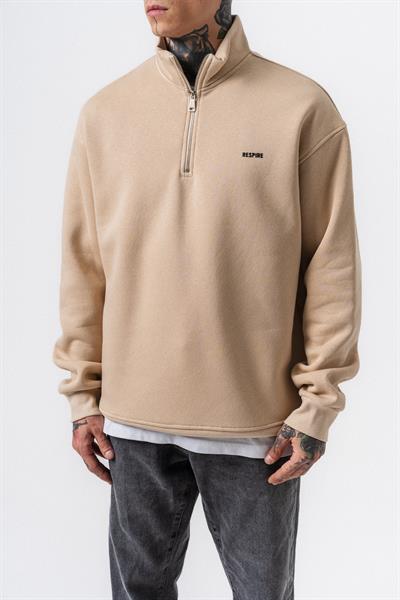 Erkek Respire Yazı Detaylı Yarım Fermuarlı Basic Sweatshirt Bej