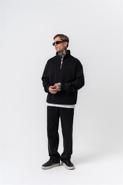 Erkek Respire Yazı Detaylı Yarım Fermuarlı Basic Sweatshirt Siyah