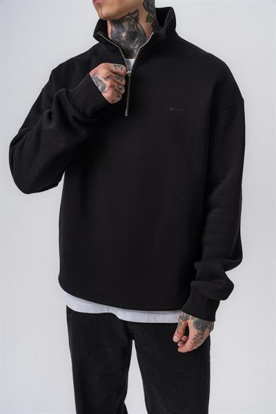 Erkek Respire Yazı Detaylı Yarım Fermuarlı Basic Sweatshirt Siyah