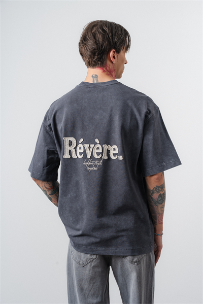 Erkek Revere Nakışlı Yıkamalı Oversize T-Shirt Füme