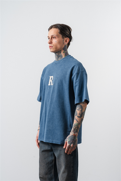 Erkek Revere Nakışlı Yıkamalı Oversize T-Shirt Lacivert