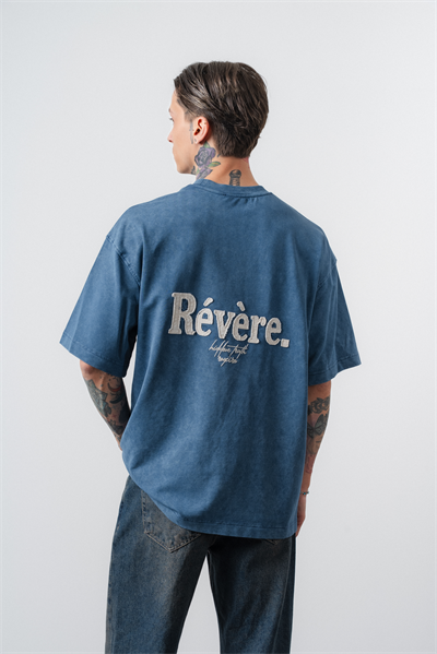 Erkek Revere Nakışlı Yıkamalı Oversize T-Shirt Lacivert