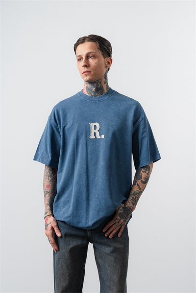 Erkek Revere Nakışlı Yıkamalı Oversize T-Shirt Lacivert