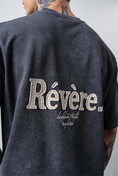 Erkek Revere Nakışlı Yıkamalı Oversize T-Shirt Füme