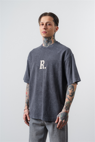 Erkek Revere Nakışlı Yıkamalı Oversize T-Shirt Füme