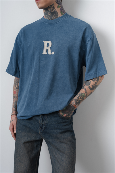 Erkek Revere Nakışlı Yıkamalı Oversize T-Shirt Lacivert