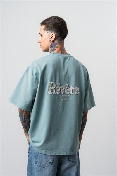 Erkek Revere Nakışlı Yıkamalı Oversize T-Shirt Bebe Mavi