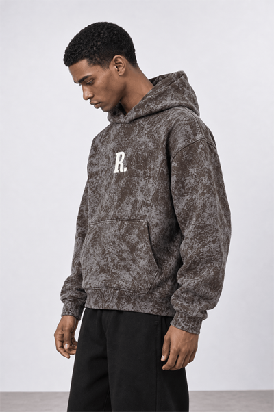 Erkek Revere Nakışlı Yıkamalı Oversize Hoodie Kahve