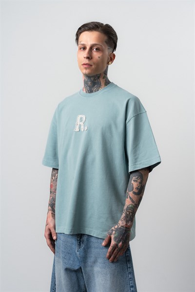 Erkek Revere Nakışlı Yıkamalı Oversize T-Shirt Bebe Mavi
