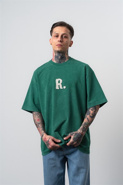 Erkek Revere Nakışlı Yıkamalı Oversize T-Shirt Nefti
