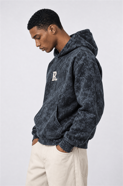 Erkek Revere Nakışlı Yıkamalı Oversize Hoodie Siyah