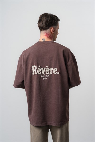 Erkek Revere Nakışlı Yıkamalı Oversize T-Shirt Kahve