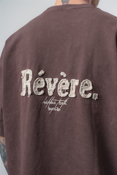 Erkek Revere Nakışlı Yıkamalı Oversize T-Shirt Kahve