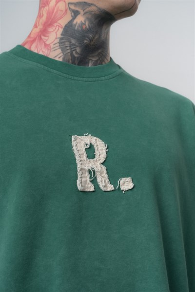Erkek Revere Nakışlı Yıkamalı Oversize T-Shirt Nefti