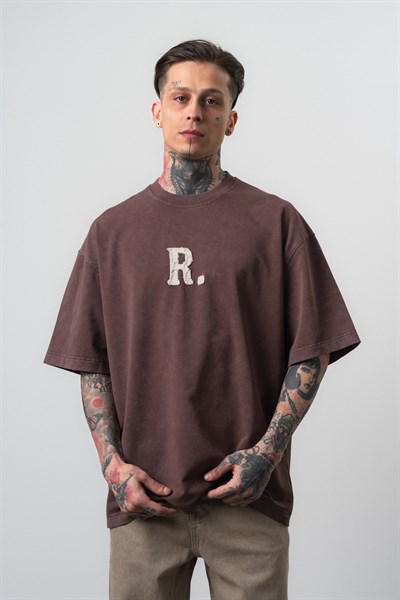Erkek Revere Nakışlı Yıkamalı Oversize T-Shirt Kahve
