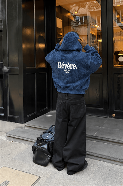 Erkek Revere Nakışlı Yıkamalı Oversize Hoodie Lacivert