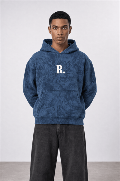 Erkek Revere Nakışlı Yıkamalı Oversize Hoodie Lacivert
