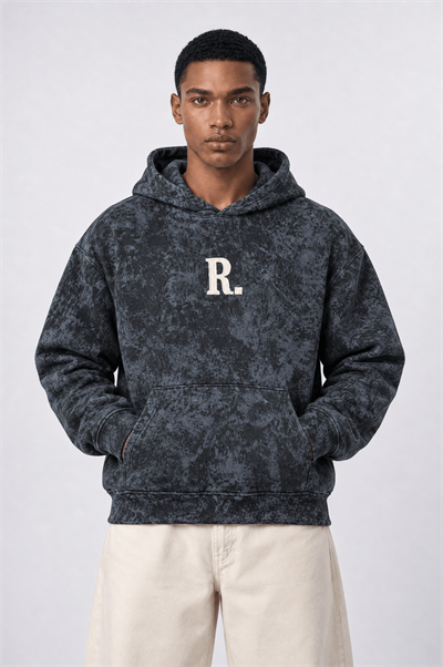 Erkek Revere Nakışlı Yıkamalı Oversize Hoodie Siyah