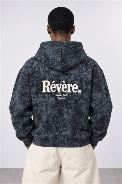 Erkek Revere Nakışlı Yıkamalı Oversize Hoodie Siyah