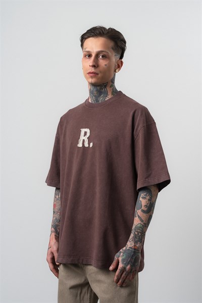 Erkek Revere Nakışlı Yıkamalı Oversize T-Shirt Kahve