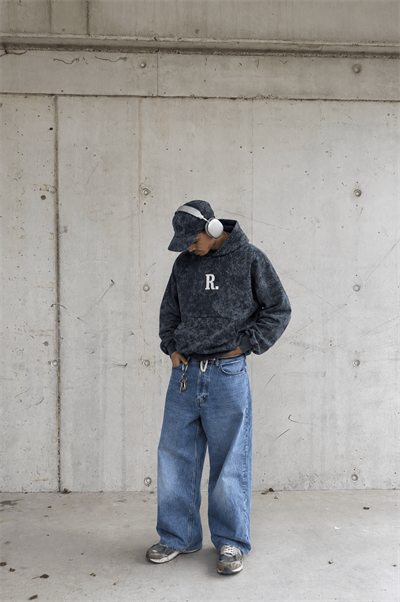 Erkek Revere Nakışlı Yıkamalı Oversize Hoodie Siyah